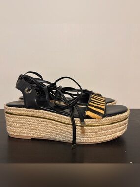 Espadrille Platform Sandals w/Tiger-Print Strap & Wrap Around Ankle Ties |Sz 8.5